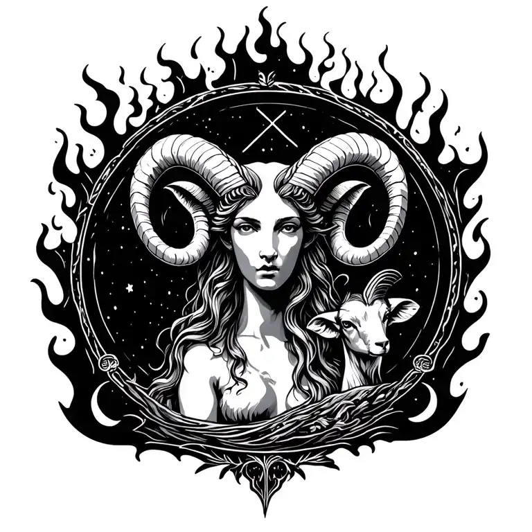 Aries Goddess Surrounded By Fire With Sign Incorporated And A Ram Within Space