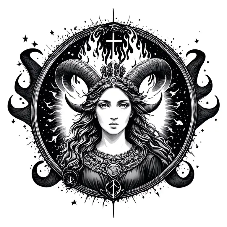 Aries Goddess Surrounded By Fire With Sign Incorporated With Mars Within Space