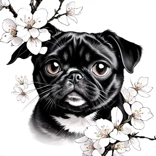 Pug And A Black Cat And A Cherry Blossoms