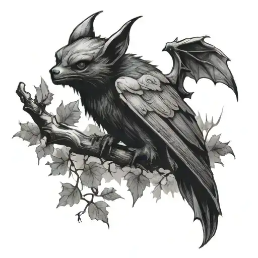 A Dark And Mysterious Tattoo Of A Demon Bat Perched On A Tree Branch