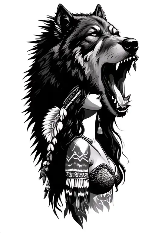 Realistic Werewolf Howling Next To Indigenous Female