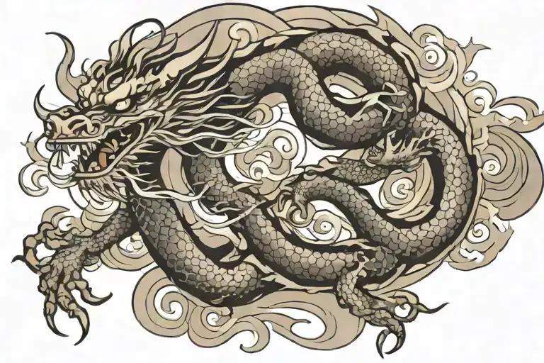 Japanese Dragon And Waves Flowing