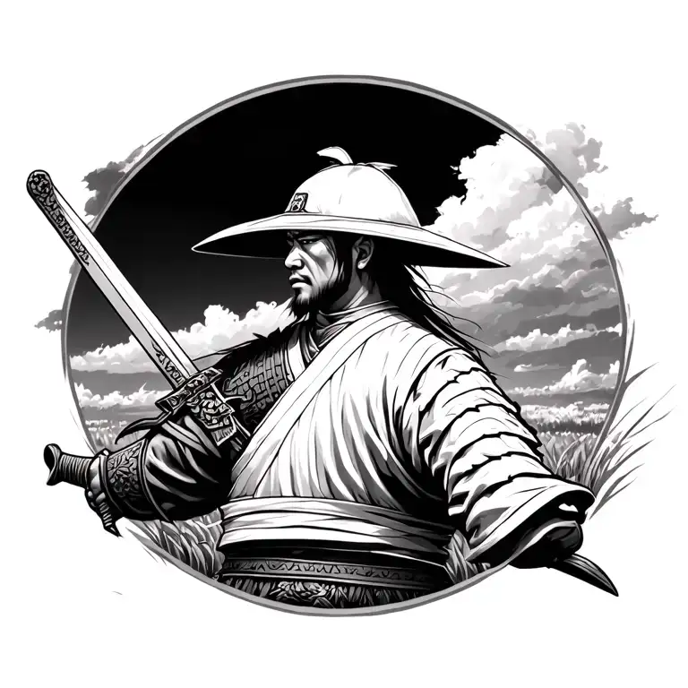 Samurai In Field Sword On Back