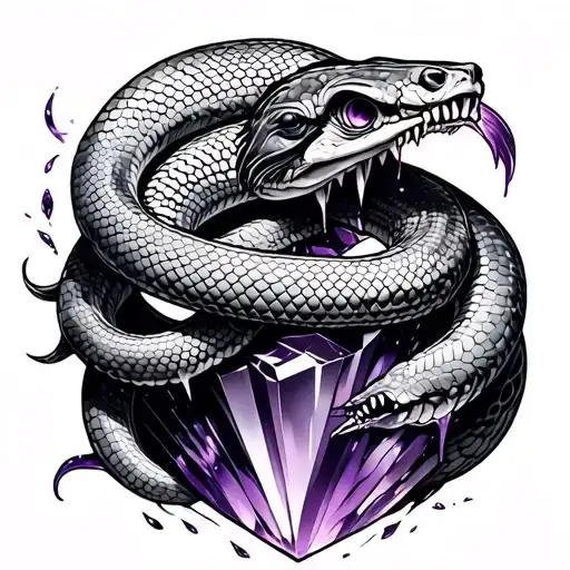 Snake Wrapped Around A Coi Fish With Purple Venom Dripping From Fangs On To An Amethyst Crystal