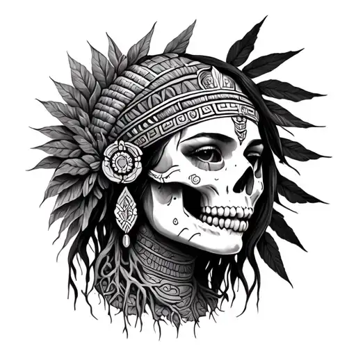 Drawing Tatto Design Of A Mayan Girl Face Half Skull With Roots Inside