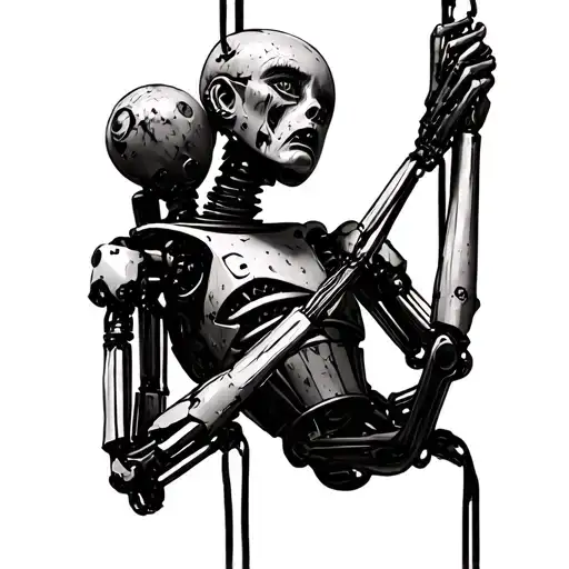 Black And White Drawing A Rusty Cyborg Puppet Crying While Hang