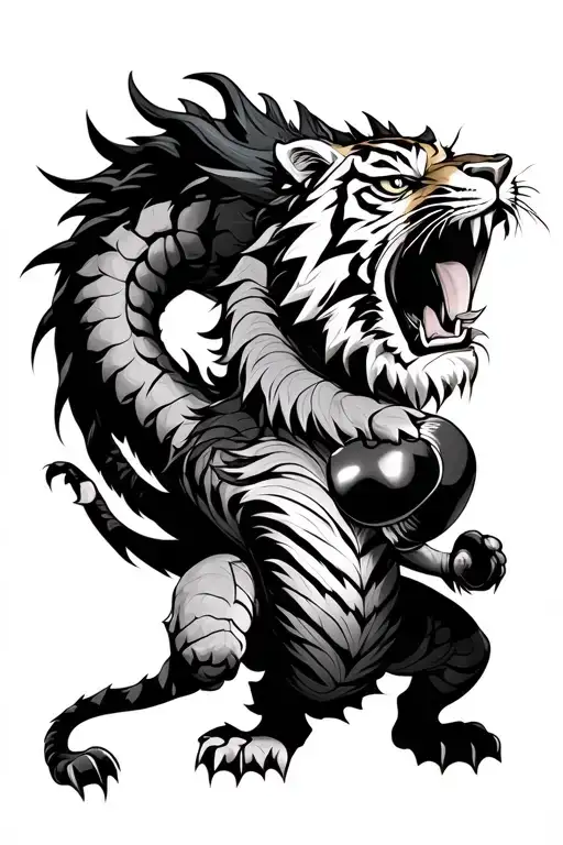 Combine A Tiger And Dragon In A Fierce Battle Scene Inspired By Boxing Imagery