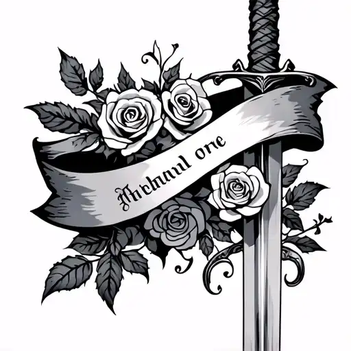 Sword With A Banner Wrapped Around And Small Roses On It
