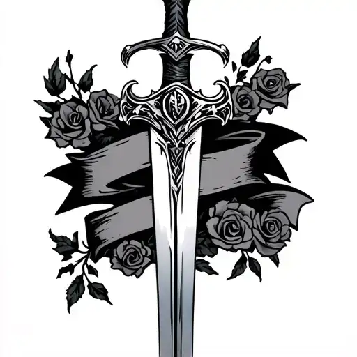 Sword With A Small Thick And Wide Banner Wrapped Around And Small Roses On It