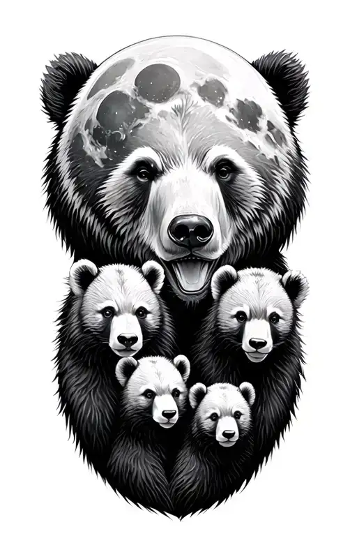 Bear With 3 Cubs Full Moon