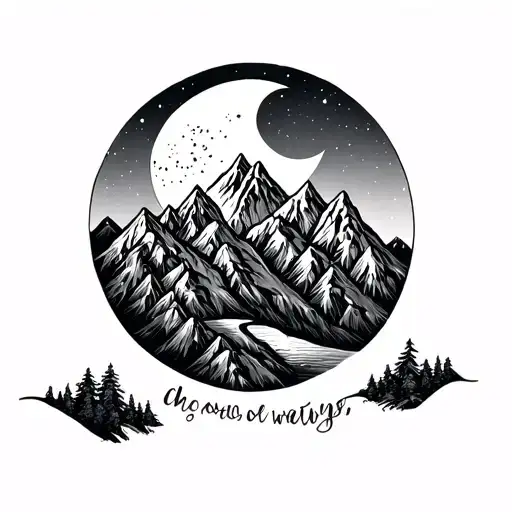 Fine Line Ountain Range With Moon And Choose Written In The Mountains