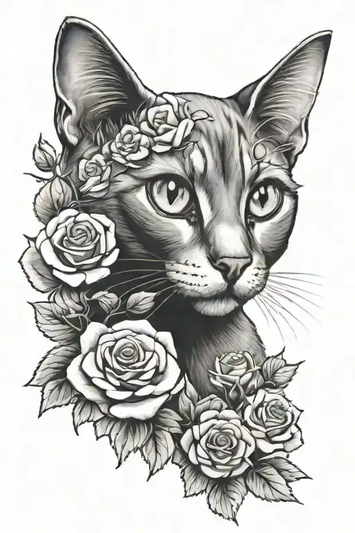 Cat With Big Eyes And Roses Blooming