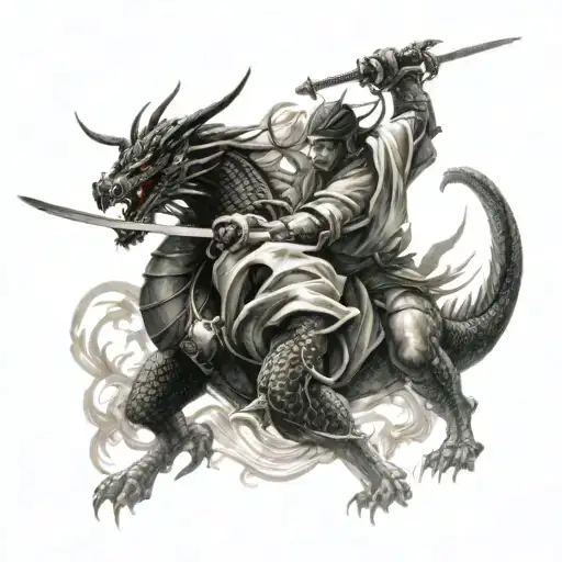 A Dragon And Samurai Engaged In An Epic Battle