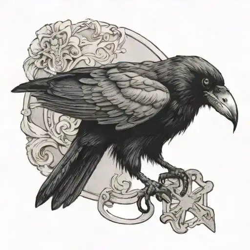 A Black-grey Tattoo Depicting A Crow Holding A Small Cross In Its Beak