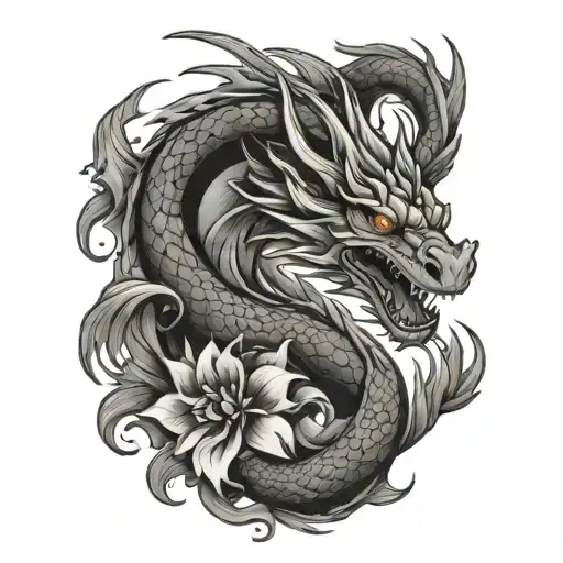Simple Dragon With Fire And Flowers