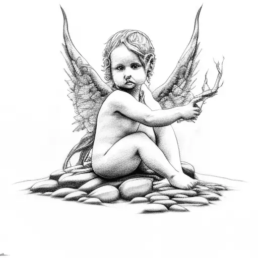 Cherub Sitting On Rock In Woods