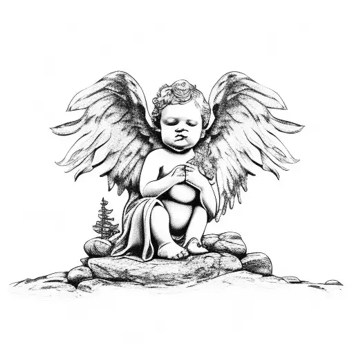 Cherub Angel Sitting On Rock In Woods Forest