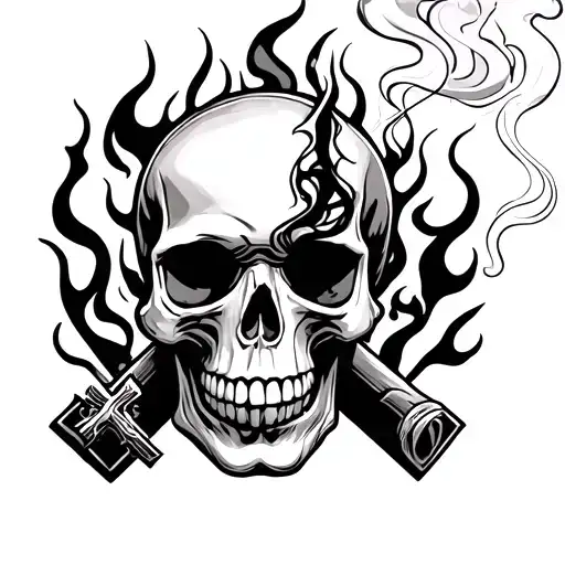 Smoking Skull With Flames And A Cross