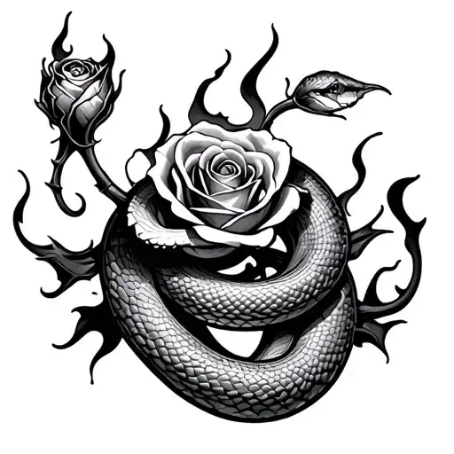 Rose Stem Snake Wrapped With Flames Background Black