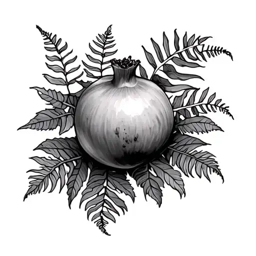 Pomegranate Black And Grey Neo Traditional Tattoo With Ferns