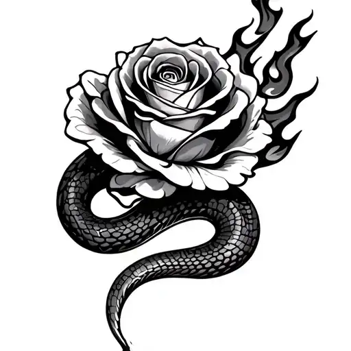 Rose Stem Snake Wrapped With Flames Background Black