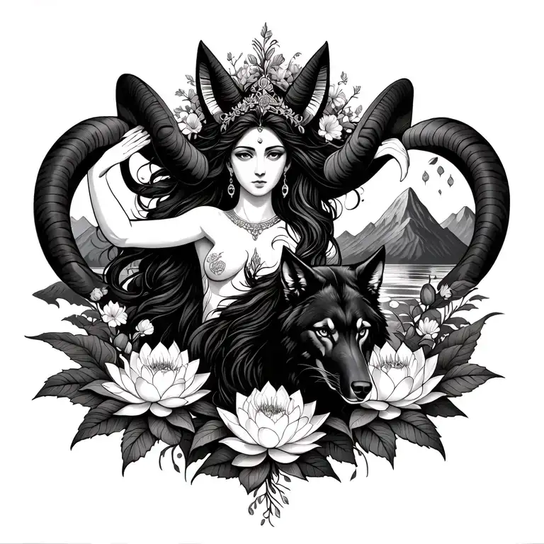 Aries Goddess Surrounded By Poeny And Lotus Flowers With A Black Wolf And Mountains