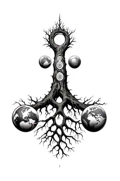 Norse Tree Yggdrasil With Roots Forming A Mark And The Balls Of The 9 Worlds