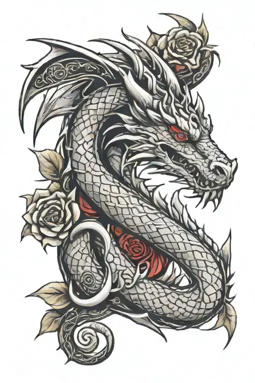 Medieval Dragon With Red Roses And Celtic Trachet