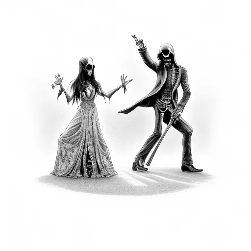 The Grim Reaper Dancing With A Woman In Front Of A Coffin