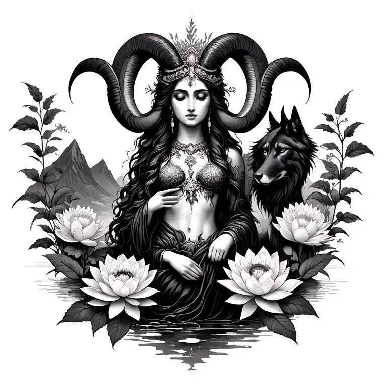 Aries Goddess Surrounded By Poeny And Lotus Flowers With A Black Wolf And Mountains