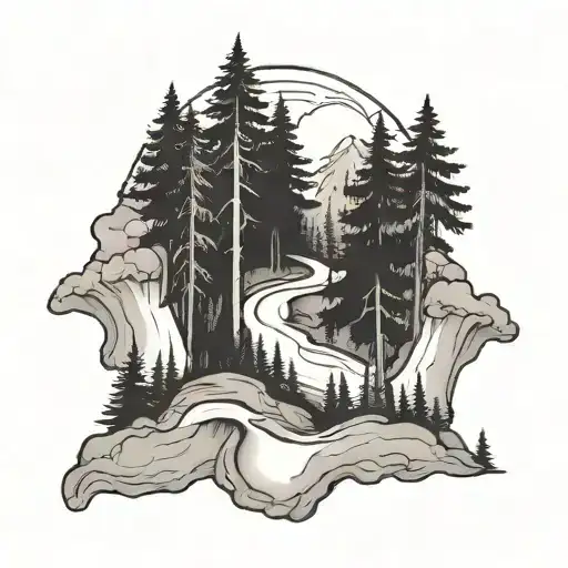 A Black And Grey Tattoo Of A Hiking Trail Winding Through A Forest Of Trees