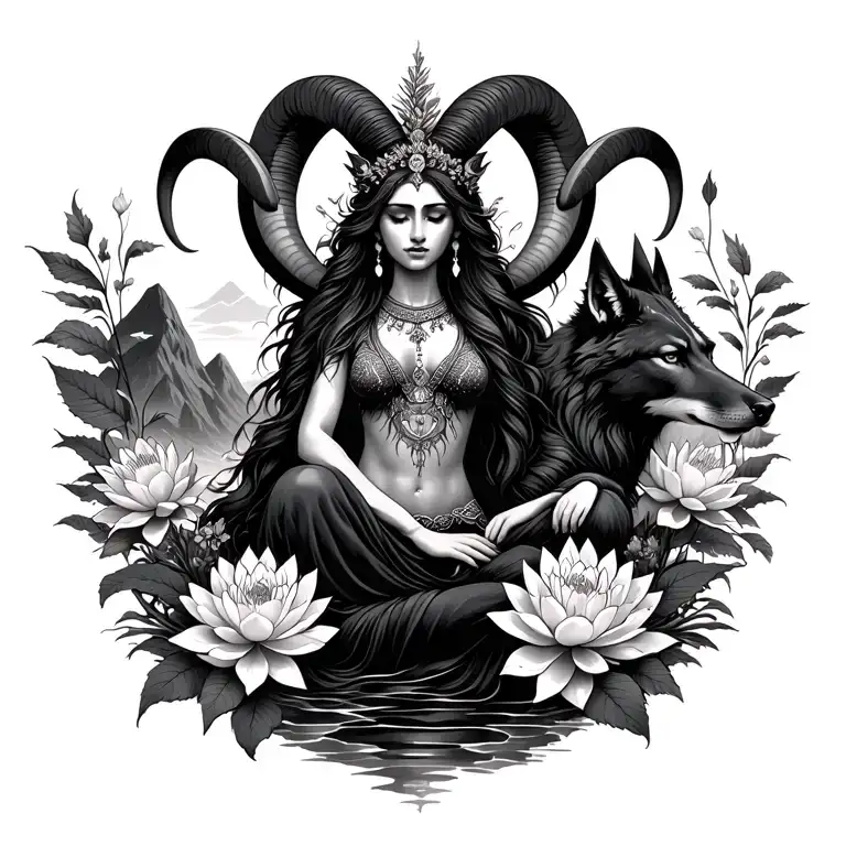 Aries Goddess Surrounded By Poeny And Lotus Flowers With A Black Wolf And Mountains