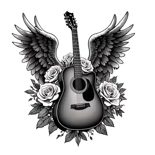 Acoustic Guitar With Roses And Angel Wings