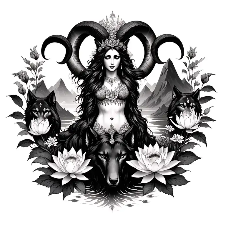 Aries Goddess Surrounded By Poeny And Lotus Flowers With A Black Wolf And Mountains Range