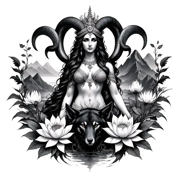 Aries Goddess Surrounded By Poeny And Lotus Flowers With A Black Wolf And Mountains Range