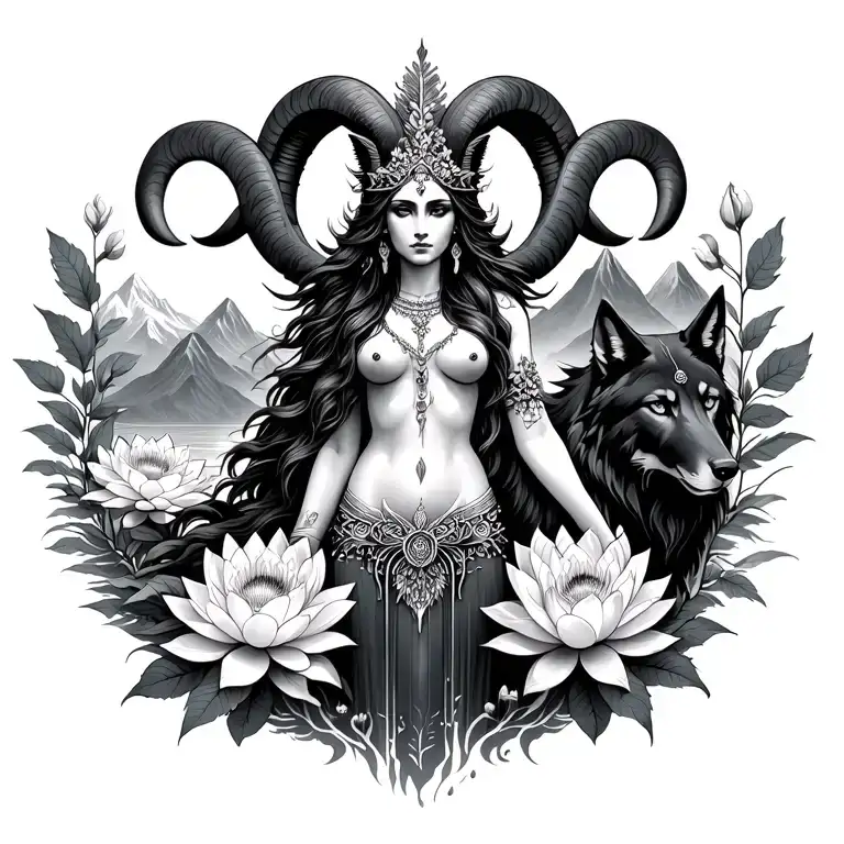 Aries Goddess Surrounded By Poeny And Lotus Flowers With A Black Wolf And Mountains Range