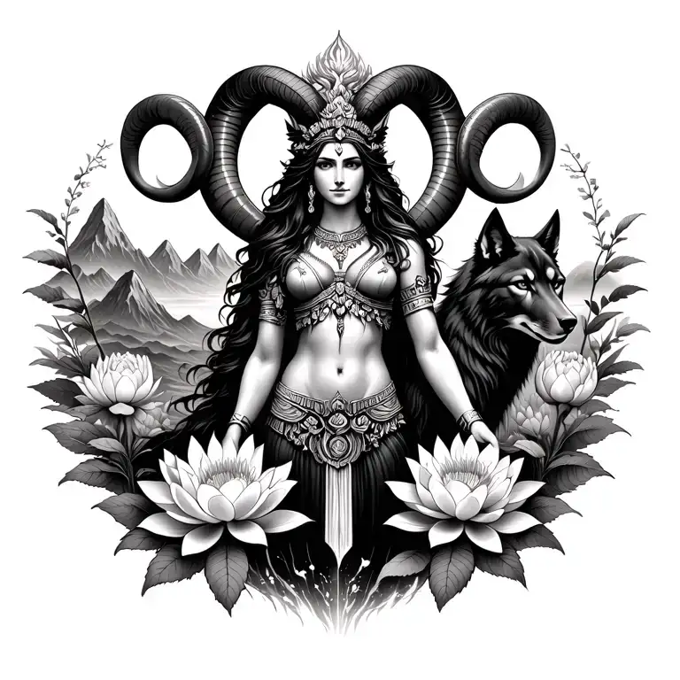 Aries Goddess Of War Surrounded By Poeny And Lotus Flowers With A Black Wolf And Mountains Range