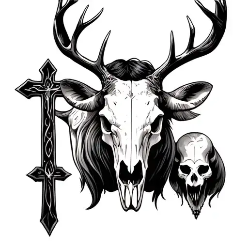 Angus Bull And Deer Skull And Christan Cross