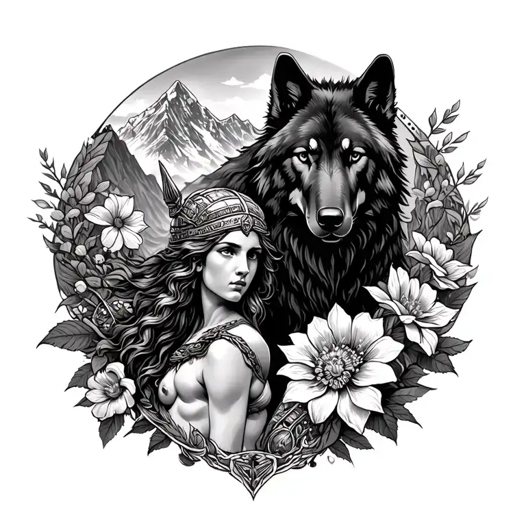 Athena Goddess Of War Surrounded By Flowers With A Black Wolf In A Mountain Range