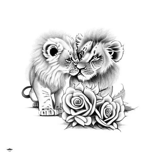 Lion And Lion Cub With Roses