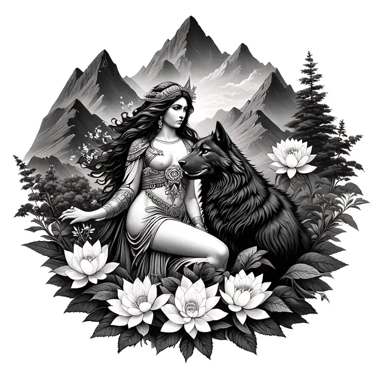 Athena Goddess Surrounded By Poeny And Lotus Flowers Growing With A Black Wolf In A Mountain Range