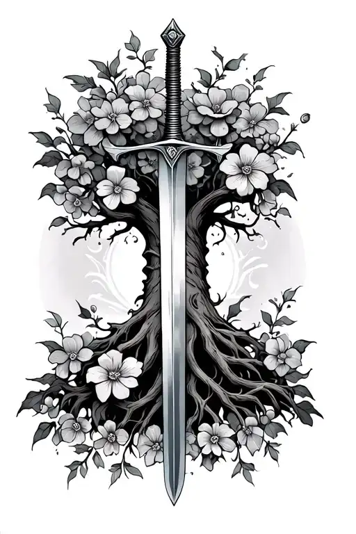 Tree With Sword Intertwined And Flowers Growing