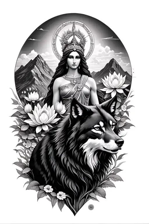 Athena Goddess Surrounded By Poeny And Lotus Flowers Growing With A Black Wolf In A Mountain Range