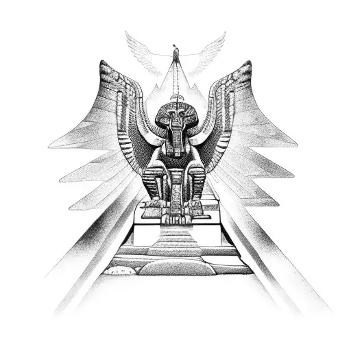Half Egyptian Winged Sphinx And Half Aztec Winged Sphinx In Front Of Aztec And Egyptian Pyramids