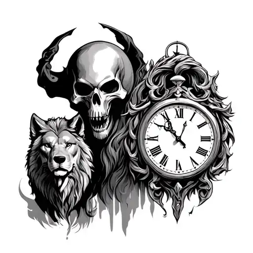 Reaper With Clock Lion And Wolf