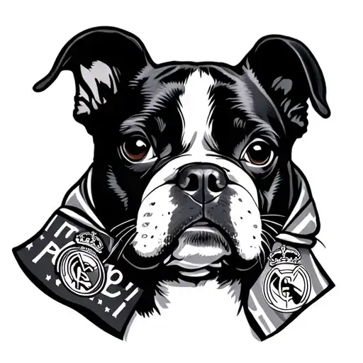 A White Boston Terrier With Black Spots Around The Eyes And A Real Madrid Scarf
