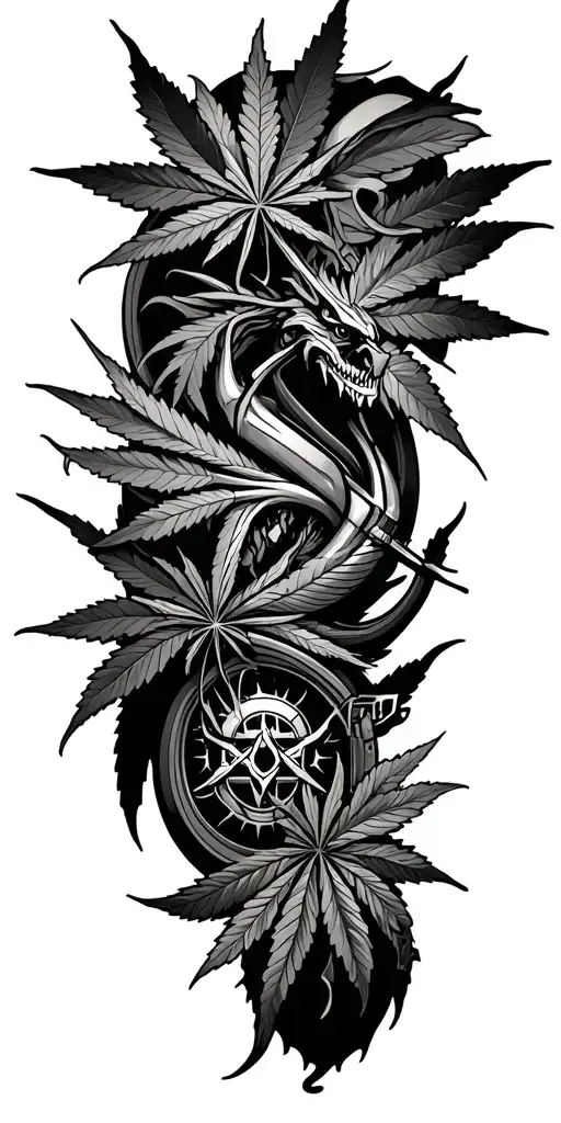 Demons And Sigils Intertwined With Marijuana Leafs And Motorcycles
