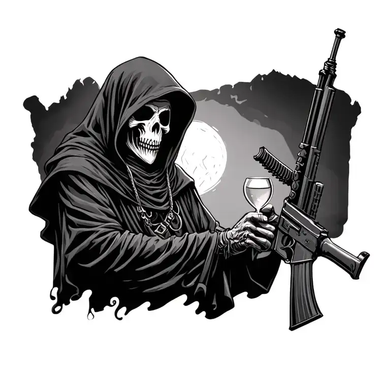 Hooded Grim Reaper Holding Hour Glass And M4 Rifle