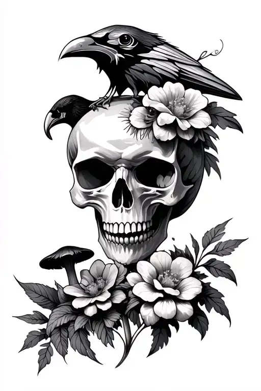 Ravens Skull With Flowers And Mushrooms