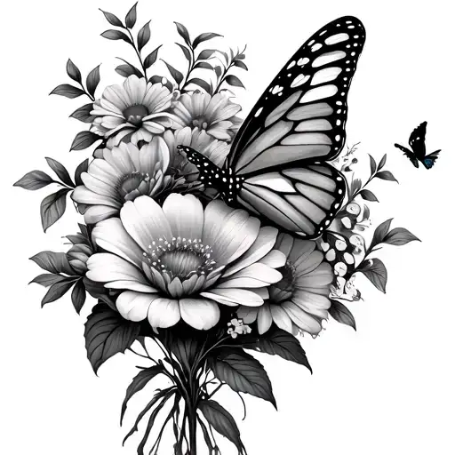 Flower Bouquet Fine Line With Butterfly Flying